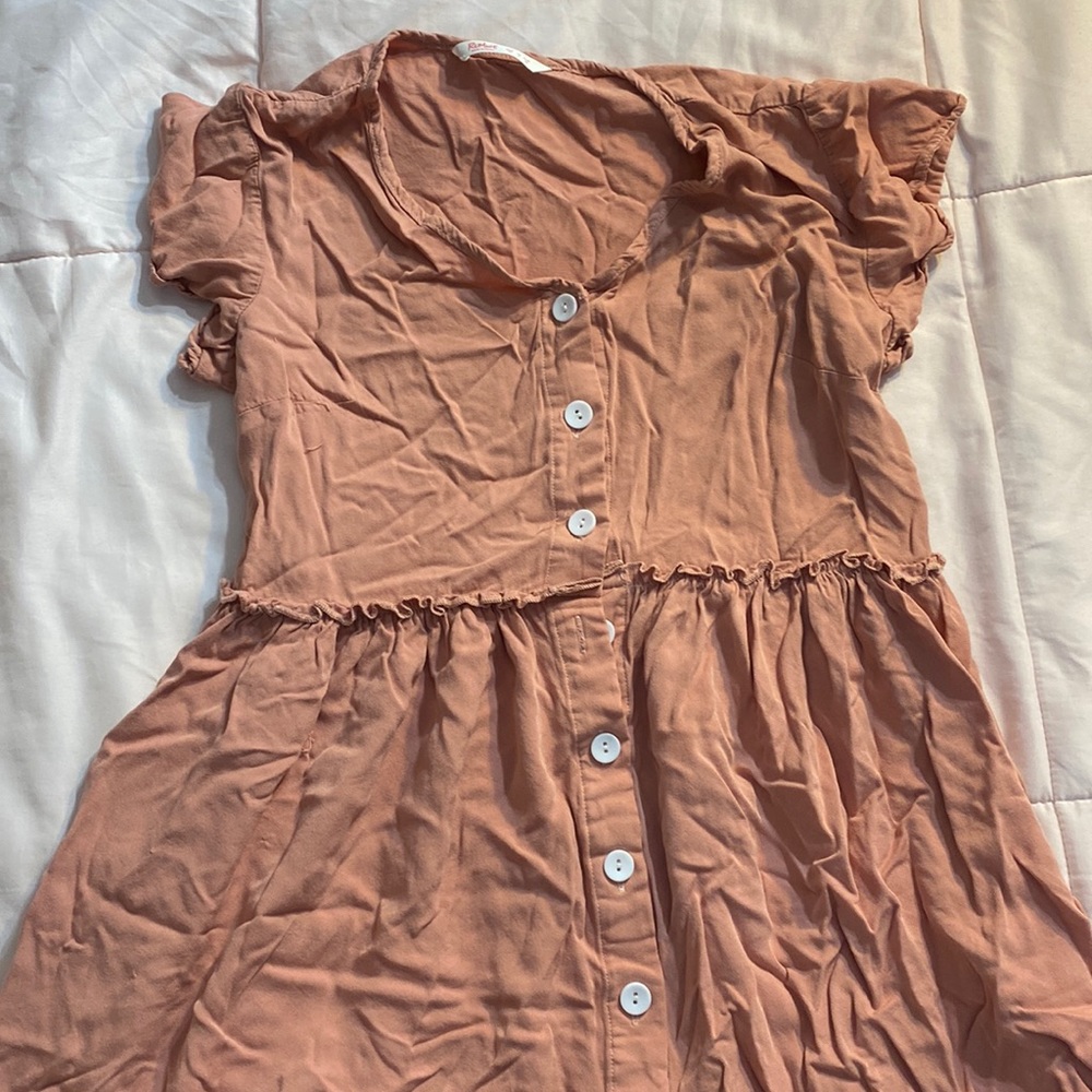 Romwe women’s/girls pink/coral button-up dress, ruffles sleeves size XS US 2